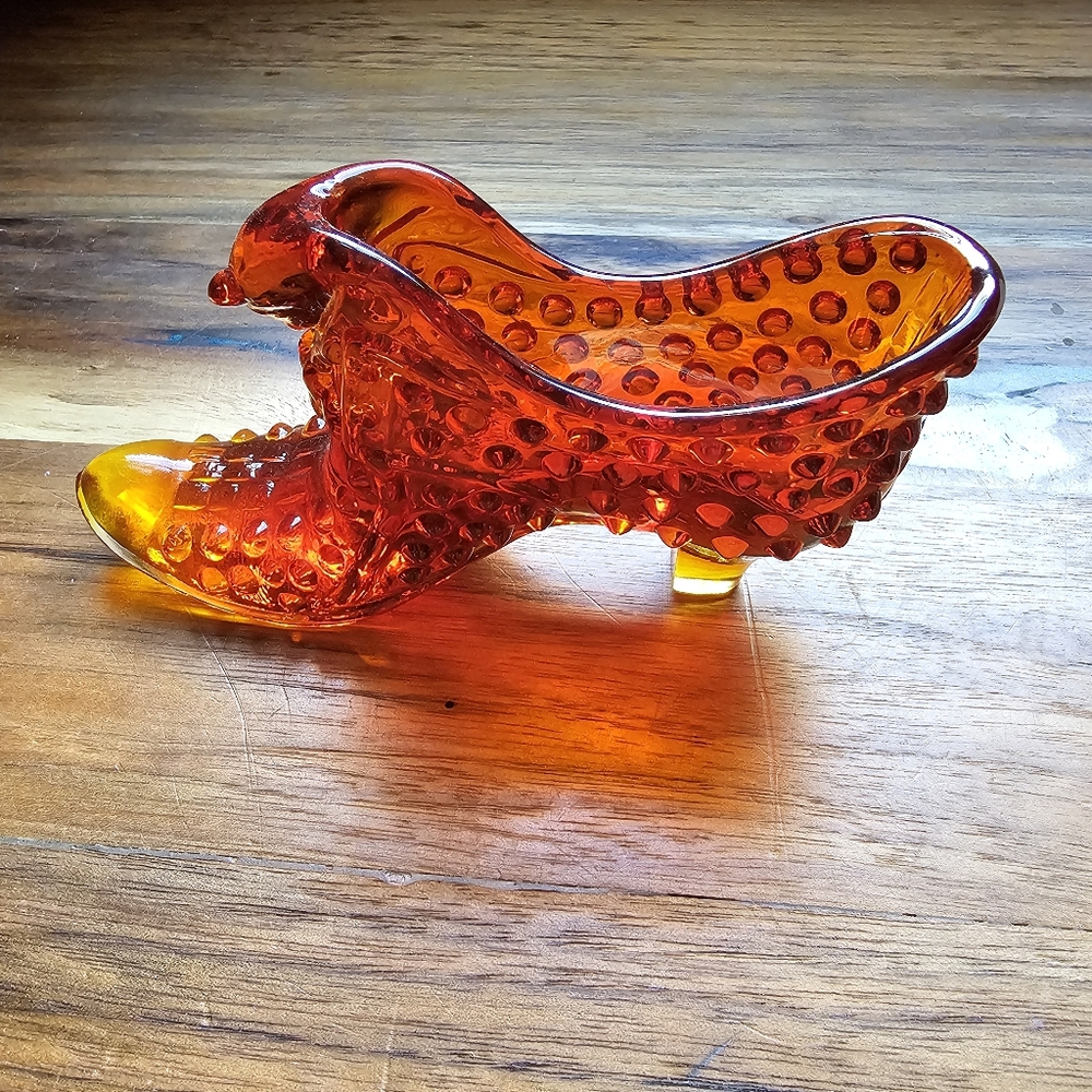 Vintage Art Glass Amber Colored Hobnail Cat Head Shoe/Slipper